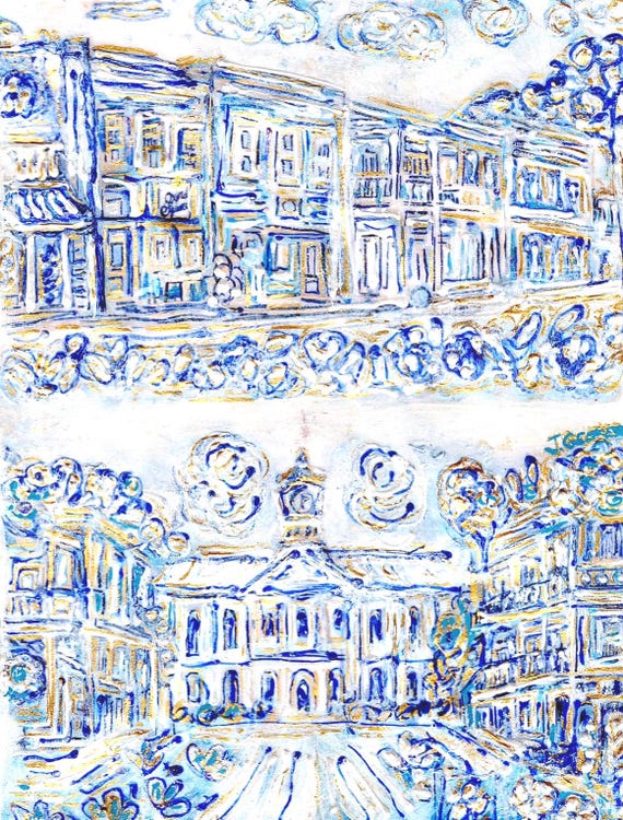 Oxford Mississippi Art Print: Blue & Gold Chinoiserie, Framed Courthouse Square
