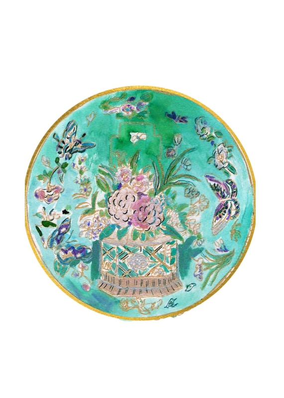 Famille Rose Celadon Art: Hand-Drawn Asian Porcelain Painting