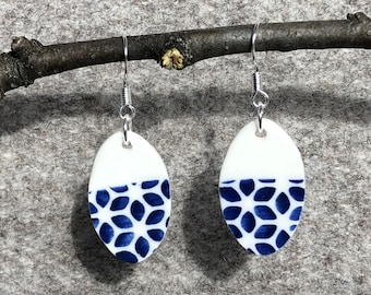 ceramic earring with flower pattern, handmade porcelain, 925 silver hook