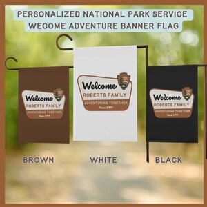 Servicio de Parques Nacionales Bandera de camping de signo de bienvenida personalizada, Bandera personalizada &quot;Aventurarse juntos&quot;, Bandera de campamento personalizada, Bandera de reunión familiar