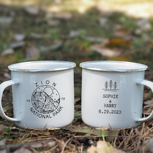 Zion National Park Customizable Camp Mug, Camping Hiking Personalized Coffee Cup, Adventure Camper Couple, Engagement or  Wedding Gift