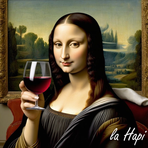 Drinking Lisa - Mona Lisa Wine Print - Altered Leonardo Da Vinci Portrait Decor - Boho Wall Art Painting Canvas - Red Glass Bar Poster Art