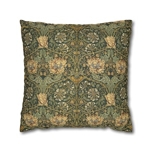 William Morris Honeysuckle & Tulip Pillowcase - Luxe Green Faux Suede, Designer Double-Sided Cushion Cover