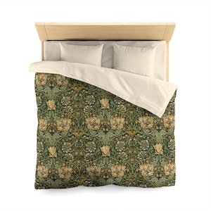 William Morris Green Honeysuckle Bettbezug Luxuriöse Bettwäsche Maximalist Floral Bettbezug Jugendstil Dekor Handwerker Bettwäsche Schönes Bett