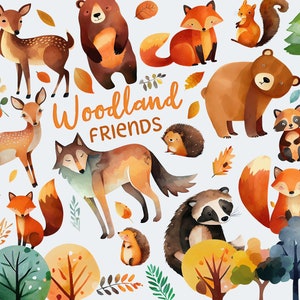Woodland friends Kleine Tiere Clip Art, Fuchs, Bär, Reh, Waschbär, Blumen, Babyparty, Wald, wild, Wald, Baby, Herbst Clipart Herbst