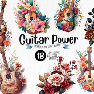 Strum in stijl: aquarel gitaren clipartset voor ontwerpen, prints en ambachten met muziekthema - png-afbeeldingen van hoge kwaliteit - commercieel gebruik