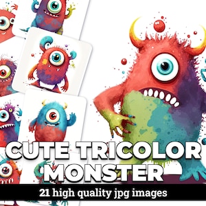 Cute Tricolor Monster - 21 High Quality JPG images - Commercial Use Digital Download, Digital Planner, Journaling, Watercolor, Wall Art