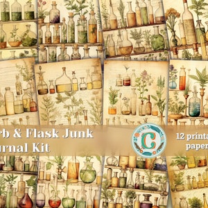 12 artigos | Diagrama de ervas e frascos vintage, coisas efêmeras chiques, kit de design de scrapbooking e convite, páginas para impressão de diário de lixo