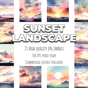 Sunset Landscape - 21 High Quality JPG images - Commercial Use Digital Download, Digital Planner, Journaling, Watercolor, Wall Art