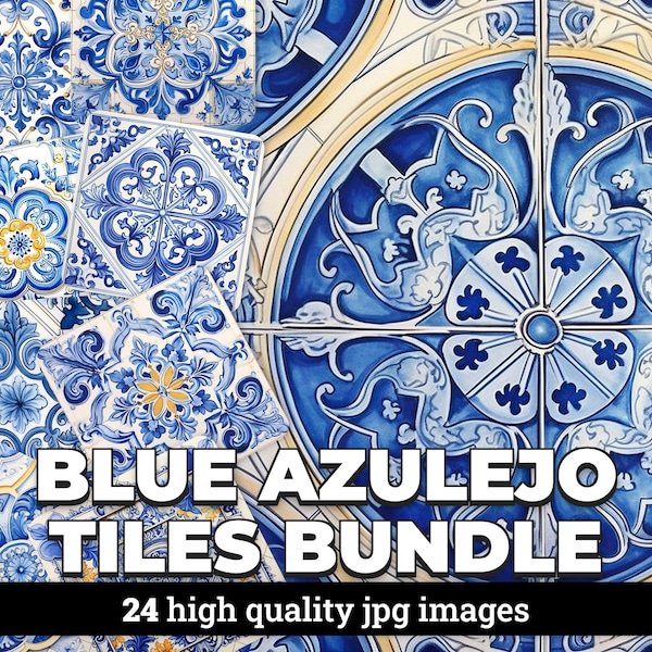 Handpainted Azulejo Watercolor Clipart - 24 Blue Tiles Design Images - Digital Download for Scrapbooking, Invitations & Designs