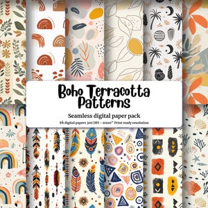 Colorful Boho Seamless Pattern Bundle with Nature-Inspired Shapes, Minimalist Japandi Style Terracotta Colors on White Background