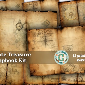 12 articles | Détails de l'arrière-plan de la carte au trésor de Pirates des Caraïbes antiques | Papiers de scrapbooking shabby chic | Idéal pour les faire-part