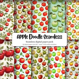 Digital Pattern Paper - Apple Clipart, Doodle Style, Cute Watercolor Illustration, Seamless Texture, Big Elements, Light Backgrounds