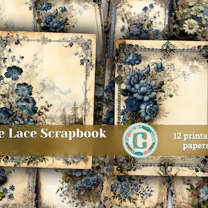 12 Papers | Blue Gothic Lace Border Scrapbooking Kit | Printable Pages | Junk Journal Supplies | Shabby Chic Scrapbooking Papers