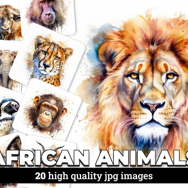 Afrikanische Tiere Aquarell Clipart Bundle - 20 JPG Bilder mit kommerzieller Lizenz, Safari Wildlife Grafiken, digitaler Download