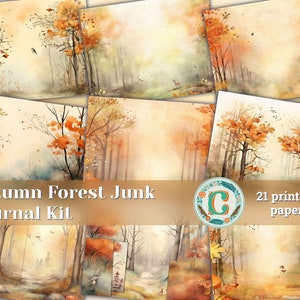Aquarelle forêt d'automne fond de journal numérique indésirable, collage forêt féerique imprimable, papier journal nature, fond de forêt