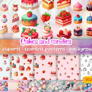 Clipart, sfondi e modelli di torte e caramelle per lavori manuali e disegni - Download istantaneo, carta digitale con immagini PNG carine e bellissime