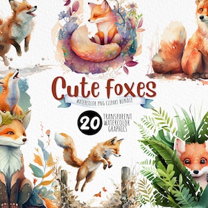 Cute and Funny Watercolor Fox Clipart Bundle for Crafts and Designs - Instant Download, digital clipart watercolor graphics - commercial use