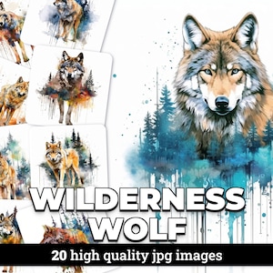 Clipart forêt aquarelle avec loup, 20 images JPG, licence commerciale, scrapbooking, invitations, dessins, téléchargement numérique.