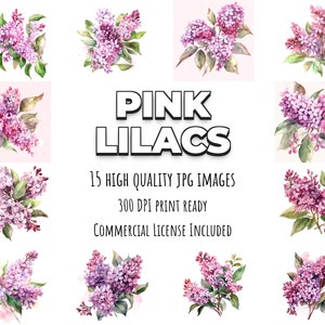 Pink Lilacs - 15 High Quality JPG images - Commercial Use Digital Download, Digital Planner, Journaling, Watercolor, Wall Art