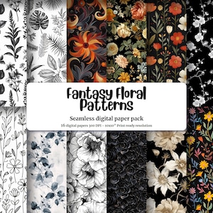 Fantasy Inspired Black Watercolour Blooms and Tree Landscape Digital Paper Design, Illustrated Herbs Pattern of Leaves, Flowers, Cacti