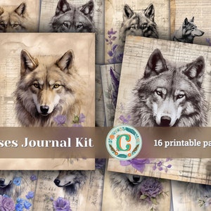 Wolf and Violet Roses Pen Drawing on Aged Background with Cursive Writing and Newspaper - Scrapbooking Papers, Junk Journal Kit