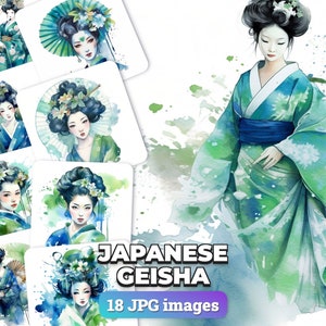 Japanese Geisha Clipart - 18 High Quality JPGs - Digital Download - Card Making, Cards & Invitations, Digital Paper Craft, scrapbooking arts