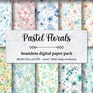 Pastel Florals - 10 High Quality JPG Digital Papers - Commercial Use Digital Download, Journaling, Watercolor Seamless Pattern Tiles