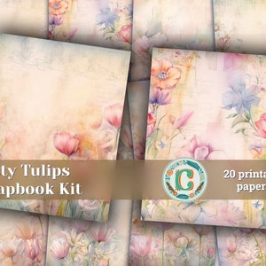 20 Papers | Dusty Tulips Watercolor Scrapbooking Kit, Shabby Chic Ephemera, Printable Journaling Pages, Pastel Junk Journal Kit