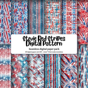 Digital Seamless Pattern Paper with Stevie Red Stripes and White Stars on Blue Abstract Art - Watercolor Digital Scrapbooking Pap