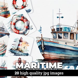 Illustrations maritimes Clipart aquarelle - 20 images JPG avec licence commerciale pour dessins nautiques, thèmes de plage et d'océan,
