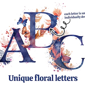 Indigo & Honig Floral Alphabet kaufmännische und Zahl Aquarell Blumen Clip Art Hochzeitseinladung Png Schriftzug Logo Symbol Schrift Monogramm