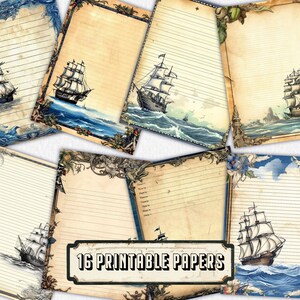Lot de 16 papiers vintage pirates lignés numériques pour scrapbooking, invitations, designs - nautique, bateau pirate, carte au trésor, Ahoy Matey