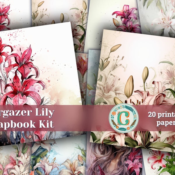 Vintage Scrapbooking Paper with Stargazer Lilies Border | Watercolor Design | High Detail | Hand-Painted | Printable Pages | Shabby Chic