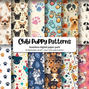 Charming Chibi Puppies and Shamrock St Patrick Day Watercolor Seamless Pattern, French Bulldog Faces, Paw Prints Vector Illustration