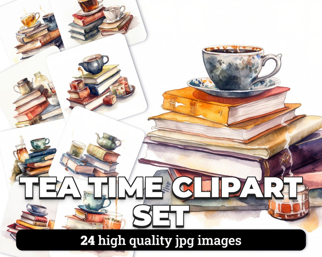 Cozy Books With Tea Watercolor Clipart: 24 JPG Images With Commercial ...