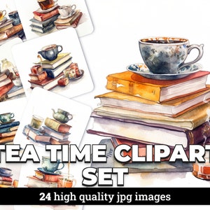 Cozy Books with Tea Watercolor Clipart: 24 JPG Images with Commercial License Included for Invitations, Scrapbooking, and Stationery Design