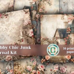 Papiery do scrapbookingu w stylu vintage shabby chic - domy wiktoriańskie, róże i stokrotki - zestaw do drukowania dziennika śmieci z miękką teksturą damasceńską