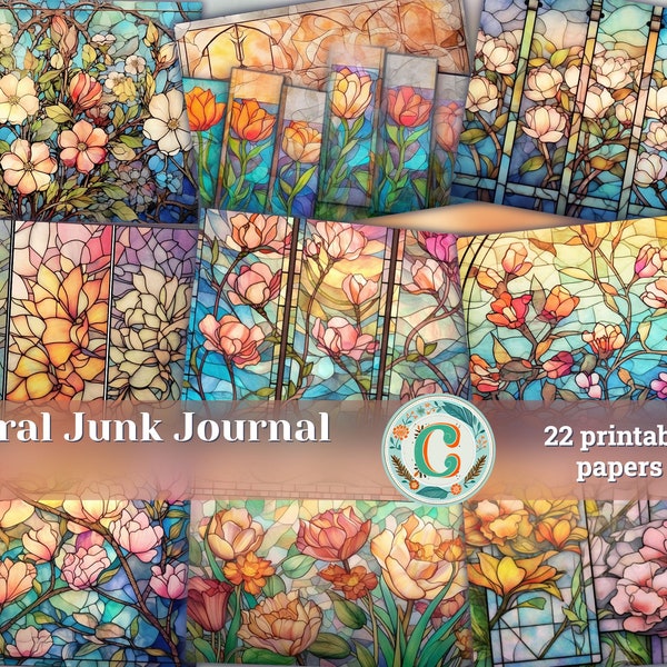 Stained Glass Blooms Junk Journal Digital Paper - Printable Vintage Flower Background for Scrapbooking, Invitations, and Designs