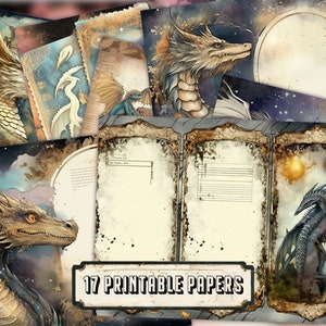 Celestial Dragons Junk Journal Kit Fantasy World Collage Printables, Digital Dragon Kit, Magic Dragon Junk Journal Paper for Invitations