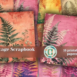 Dusty Rose Vintage Fern Fronds Scrapbooking Paper Pack - Junk Journal Kit with Victorian Watercolor Style, Shabby Chic Ephemera