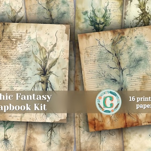 Prachtig gothic-fantasie-scrapbookpapier - paginaontwerp met spreuken van mandrake met bleke, koele kleuren en ingewikkelde details voor junkjournals