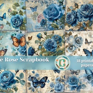 Foglio collage vintage con rose blu per scrapbooking e diari spazzatura, confezione di carta digitale stampabile con farfalle e disegni rococò