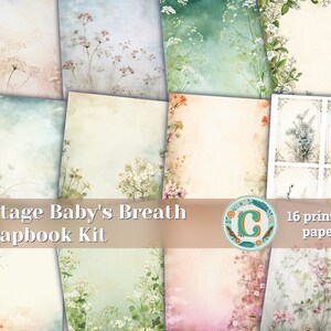 Carta da parati vintage per album con bordo a forma di fiore del bellissimo respiro del bambino, acquerello, alti dettagli, dipinta a mano, kit di diario spazzatura