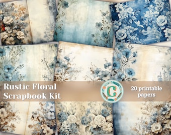 20 pages de papier de scrapbooking floral bleu doux rustique, kit de journal indésirable - Parfait pour les invitations, les planificateurs numériques, la journalisation, les journaux indésirables