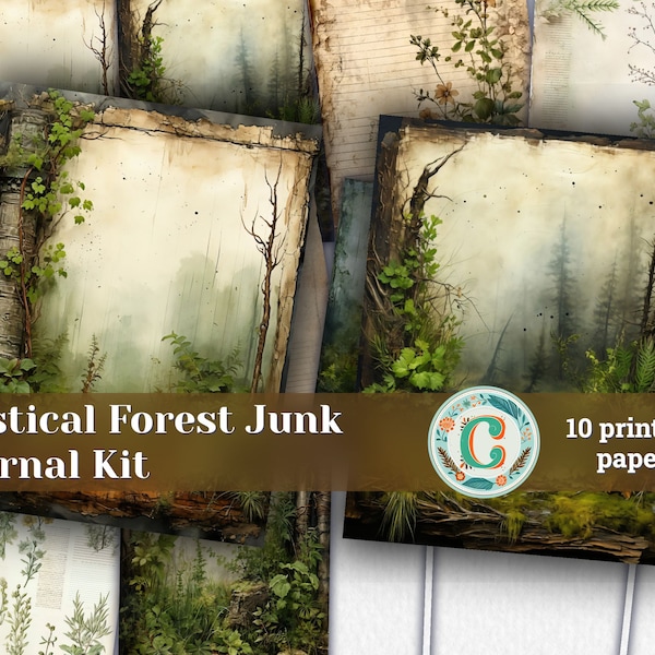Papiers de scrapbooking vintage vert forêt avec texture mystique effet vieux parchemin - Kit de journal indésirable imprimable pour invitations, designs