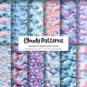 Watercolor Clouds Seamless Digital Pattern Paper with Unique Designs for Crafts, Scrapbooking, and DIY Projects. Instant Download!