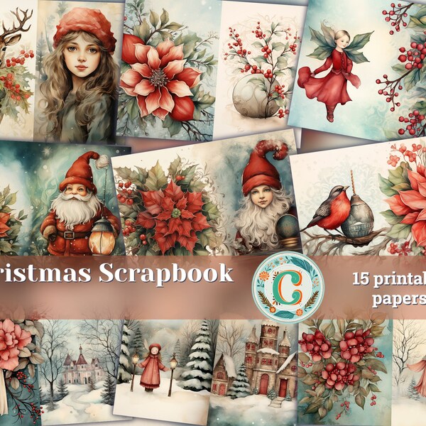 Scrapbooking Christmas Junk Journal Kit, Christmas Collage Printable, Digital Christmas Kit, Christmas paper, Printable paper background