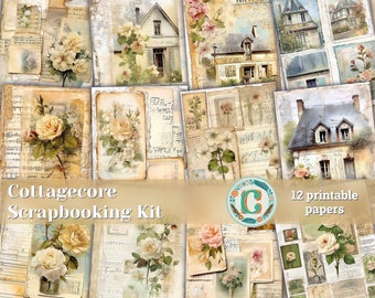 12 articles | Kit de scrapbooking Cottagecore vintage, design floral blanc romantique victorien, papiers imprimables de journal indésirable Shabby Chic