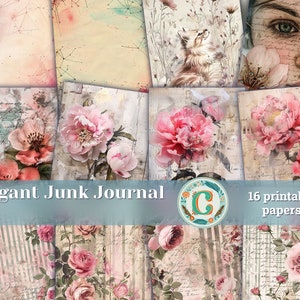 Vintage Elegance Scrapbooking Papers with Watercolor Art and Soft Pastel Colors - Shabby Chic Junk Journal Kit and Printable Pages